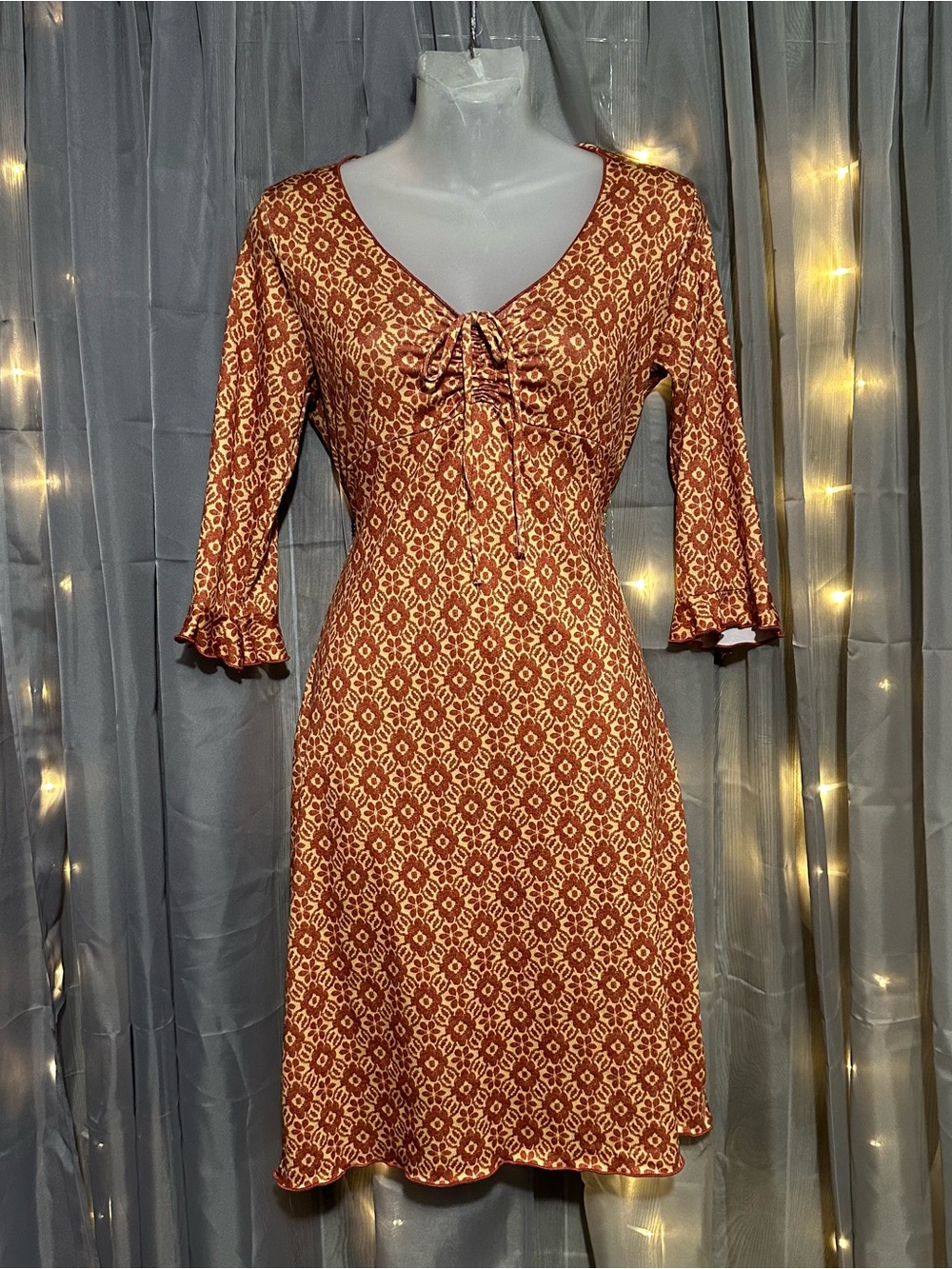 Y2K 2000’s Accomplice floral retro print yellow and brown bodycon mini dress Sz